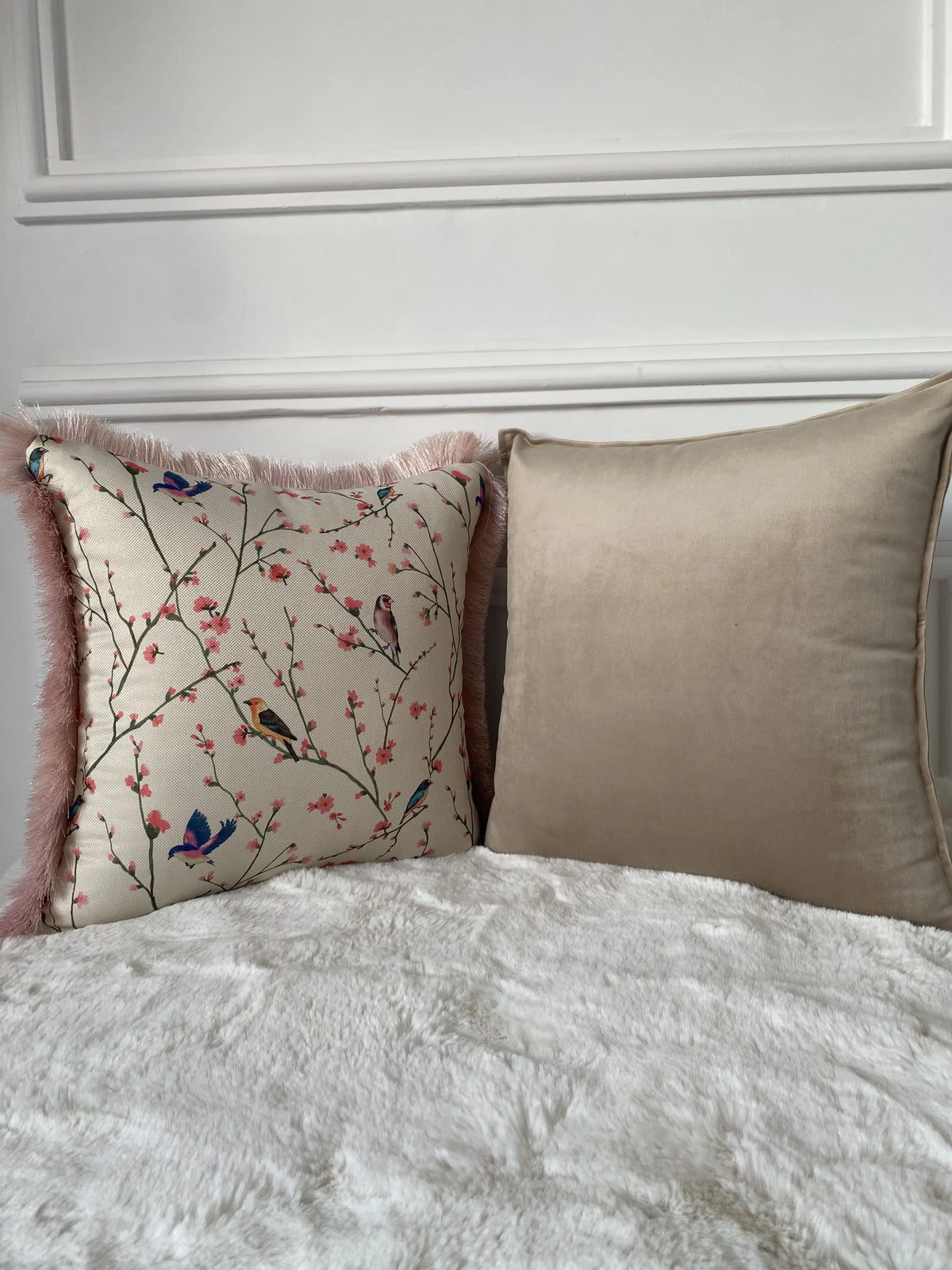 COUSSIN TOILE OISEAUX CERISIER