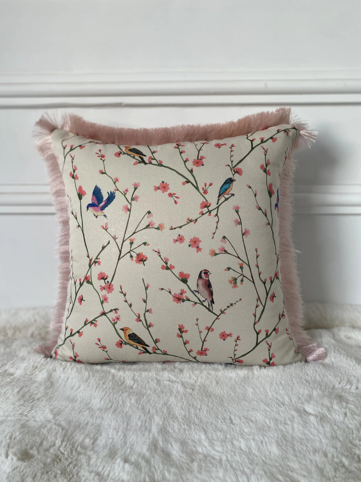 COUSSIN TOILE OISEAUX CERISIER