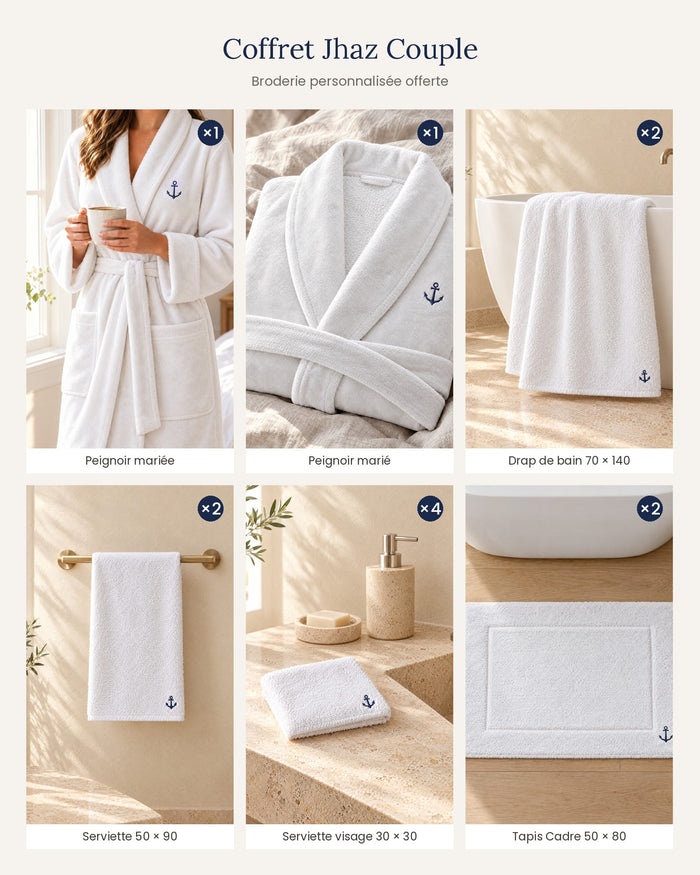 Coffret Jhaz Couple – 2 peignoirs, draps de bain, serviettes et tapis – contenu du pack