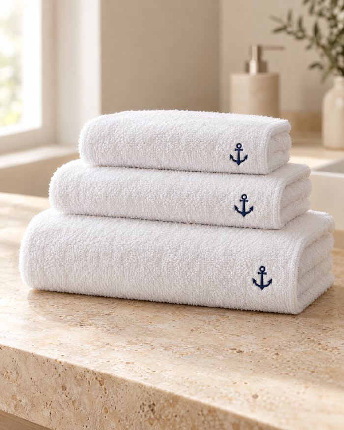Pile de serviettes de bain blanches 100 % coton 500 g/m² brodées d'une ancre bleu marine