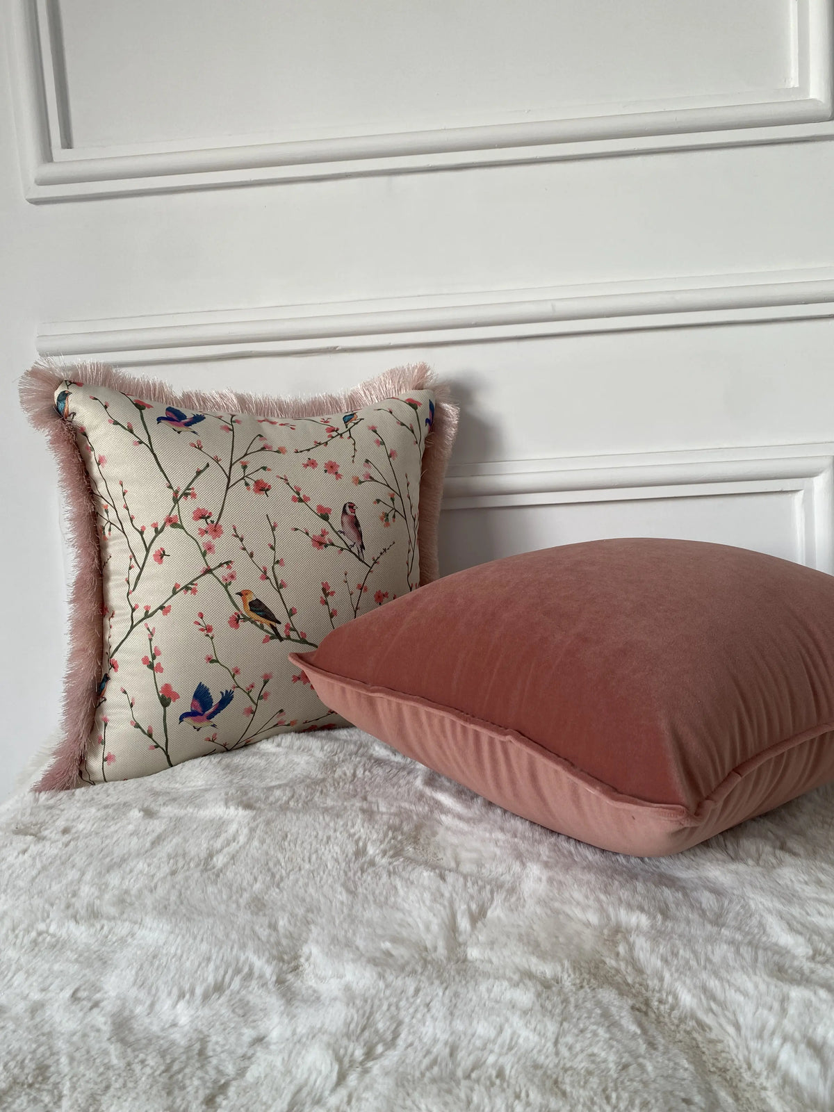 COUSSIN TOILE OISEAUX CERISIER