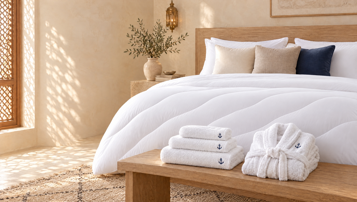 Chambre avec couette blanche, coussins, serviettes et peignoir brodés Decovibe