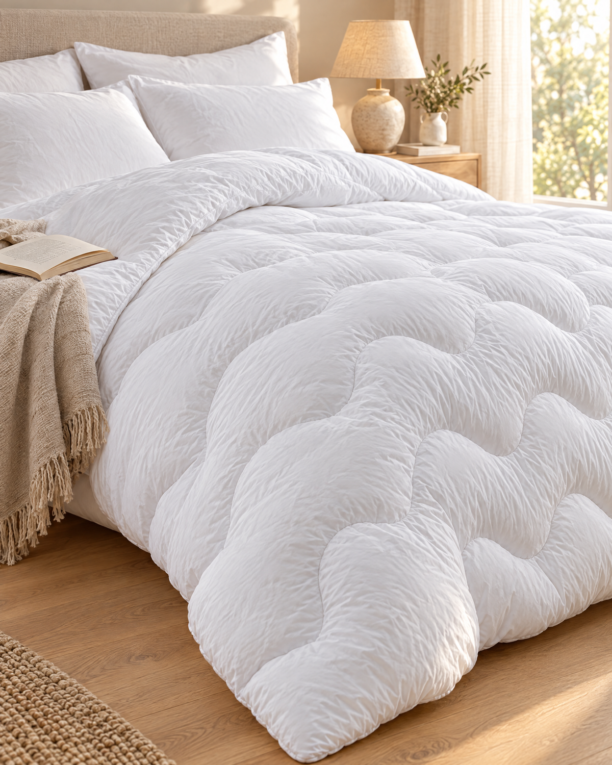 Couette blanche anti-acariens sur un lit, gros plan sur les piqûres en vagues