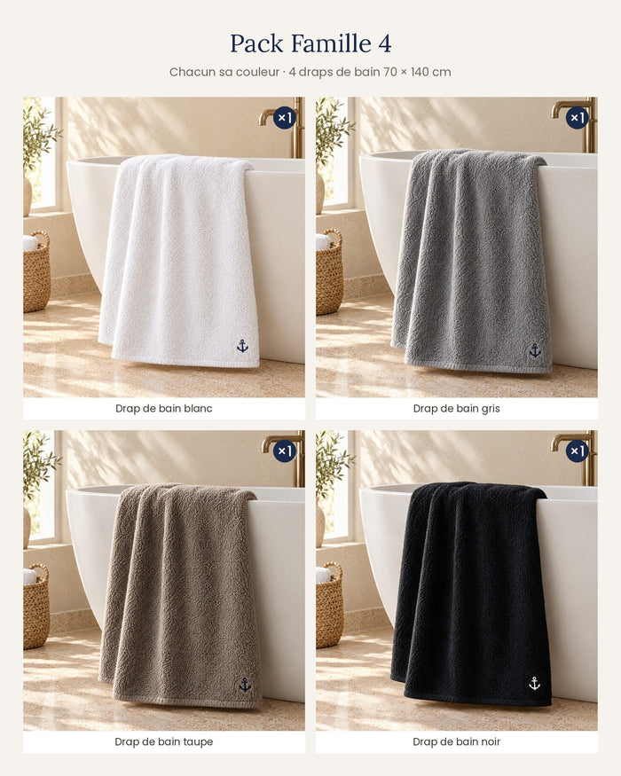 Pack Famille 4 – 4 draps de bain 70 × 140 cm – contenu du pack