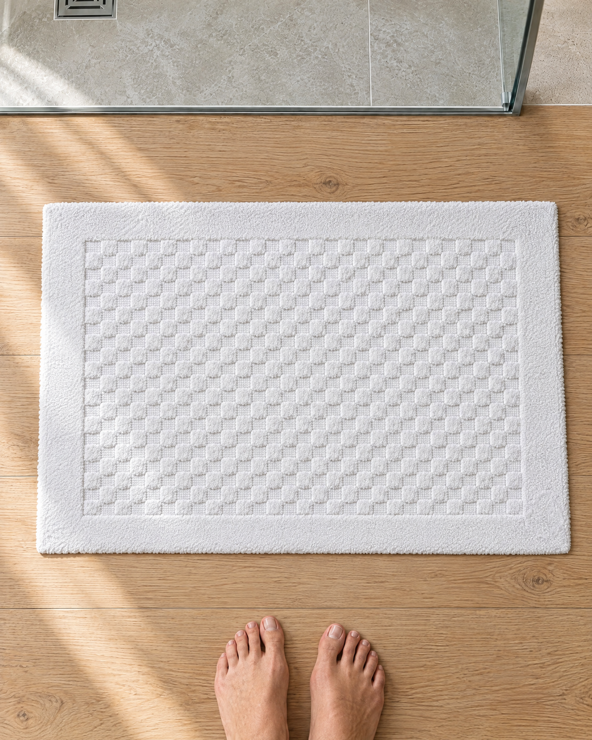 Tapis de bain Damier blanc 100 % coton 900 g/m² – petits carrés tissés