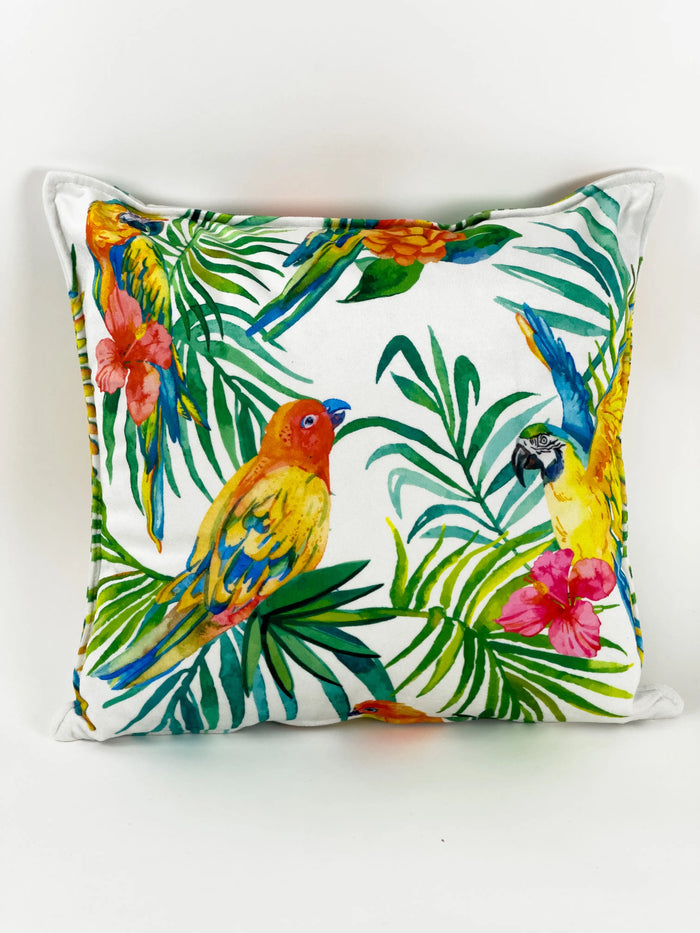 COUSSIN VELOUR TROPICAL PERROQUETS AQUARELLE