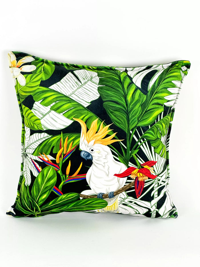 COUSSIN VELOUR TROPICAL CACATOÈS VERT