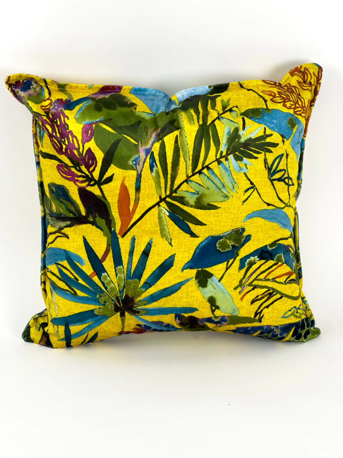 COUSSIN VELOUR IMPRIMÉ FEUILLAGE JAUNE