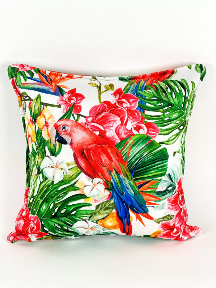 COUSSIN VELOUR TROPICAL PERROQUET ROUGE