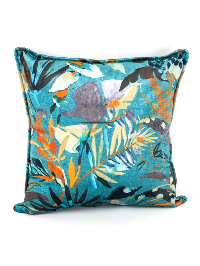 COUSSIN VELOUR IMPRIMÉ FEUILLAGE TURQUOISE