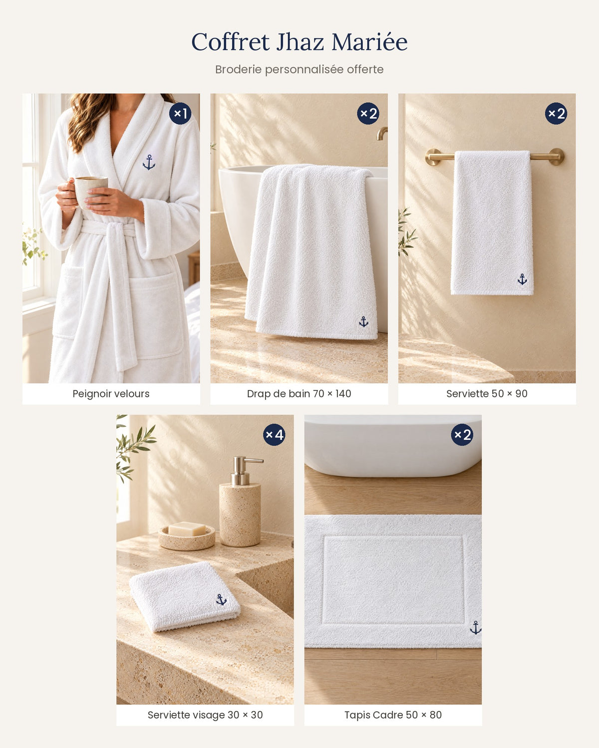 Coffret Jhaz Mariée – peignoir, draps de bain, serviettes et tapis – contenu du pack