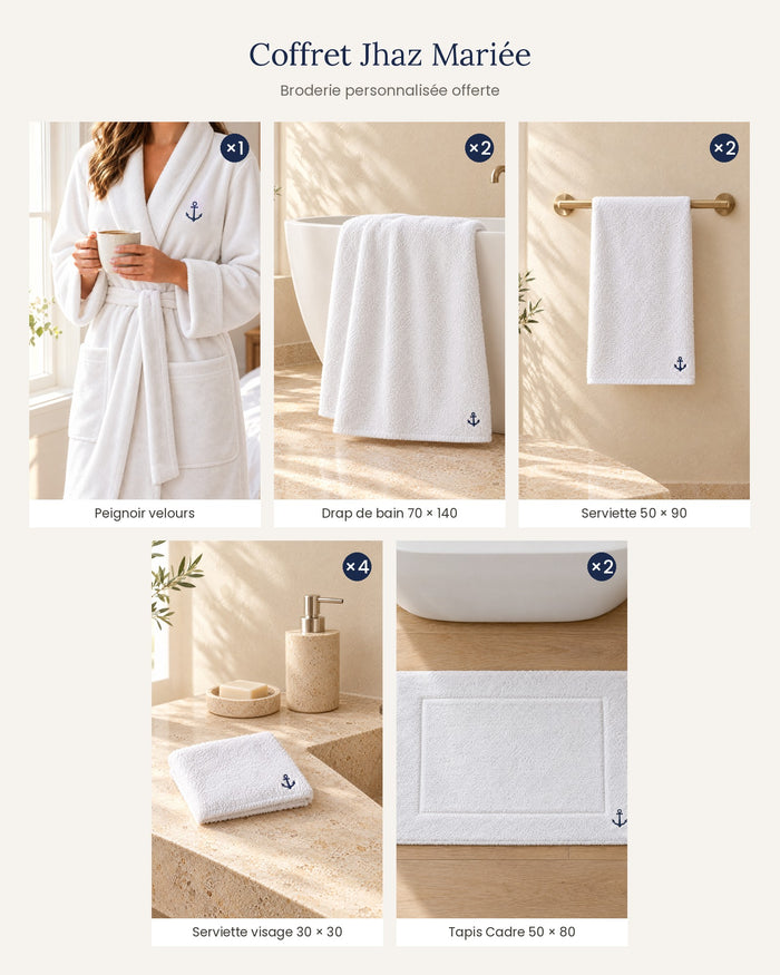 Coffret Jhaz Mariée – peignoir, draps de bain, serviettes et tapis – contenu du pack