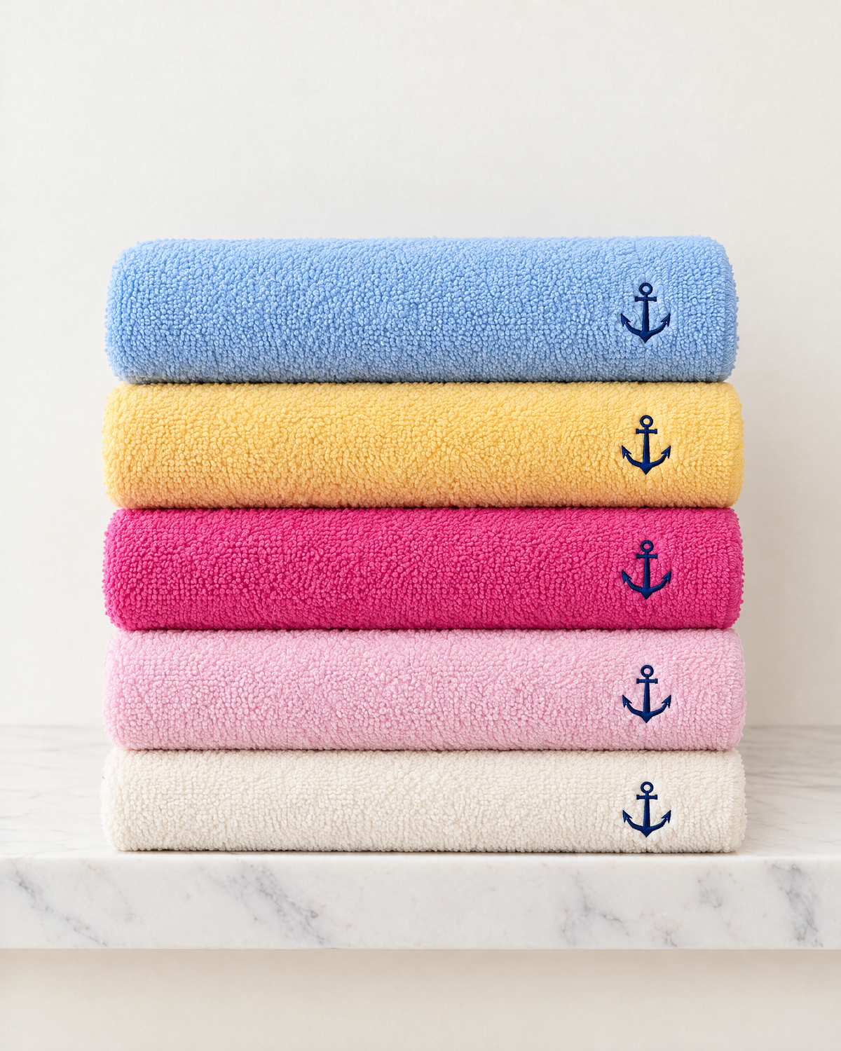 Pack de 5 serviettes 50 × 90 cm – assortiment 5 couleurs, ancre brodée