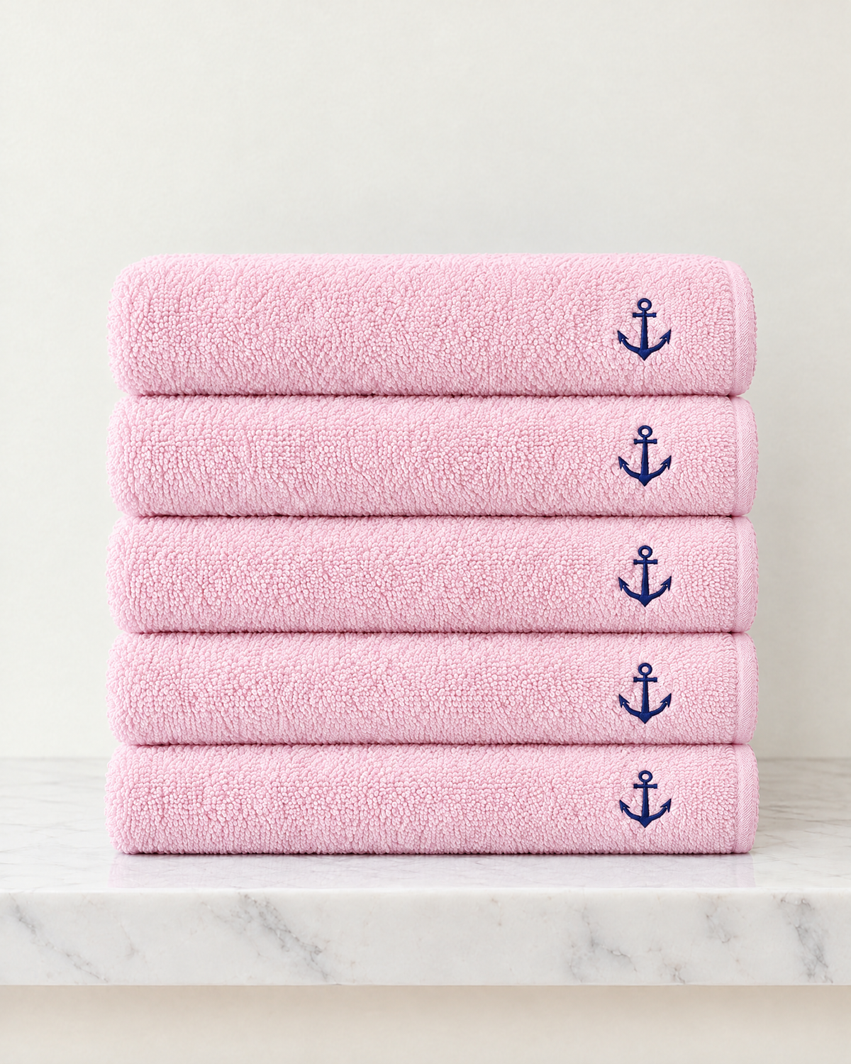 Pack de 5 serviettes 50 × 90 cm – rose pâle, ancre brodée